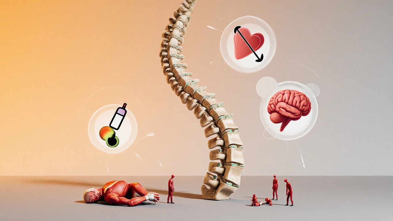 Illustrated spine with dormant muscles and declining health symbols around it.