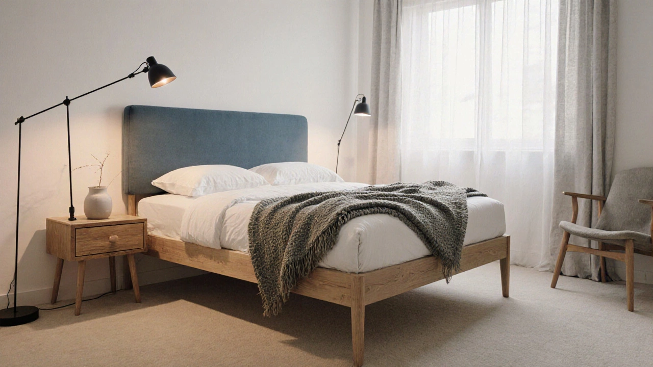 Light clay bed with exposed legs and dusty blue headboard in a serene bedroom
