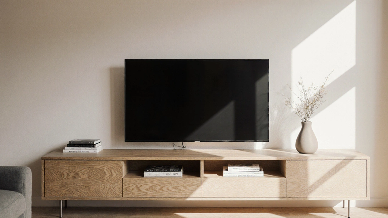 Light oak TV stand under a TV in a cozy room with cream walls and natural light.