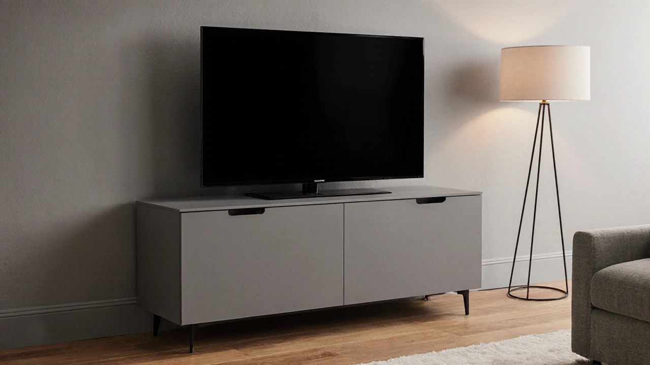 Matte gray TV stand blending seamlessly with neutral walls and wood floors.