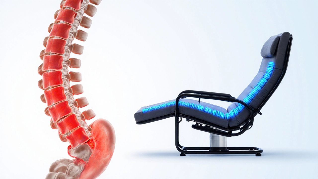 Side-by-side anatomical comparison showing reduced spinal pressure in a recliner versus upright sitting.