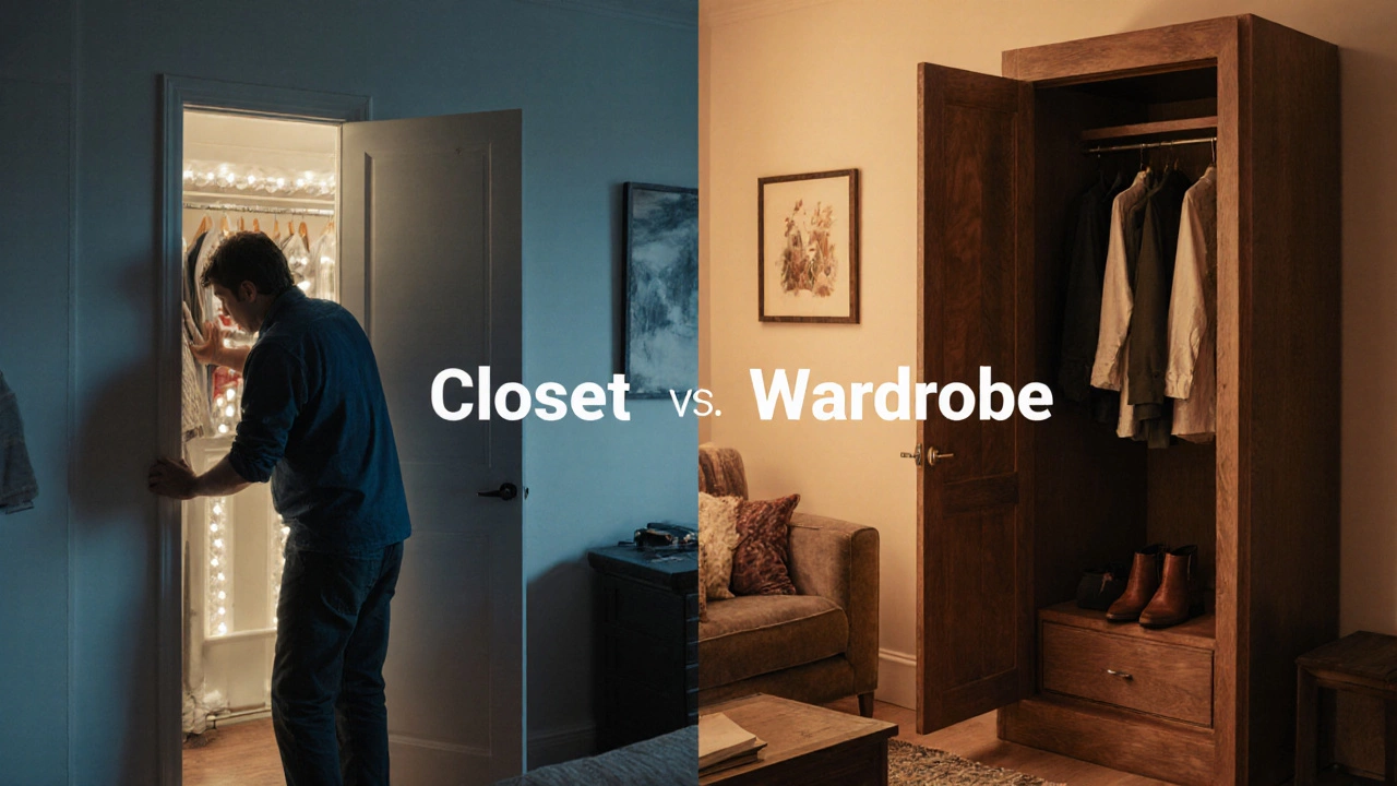 Split scene showing American closet and British wardrobe side by side with linguistic divider.