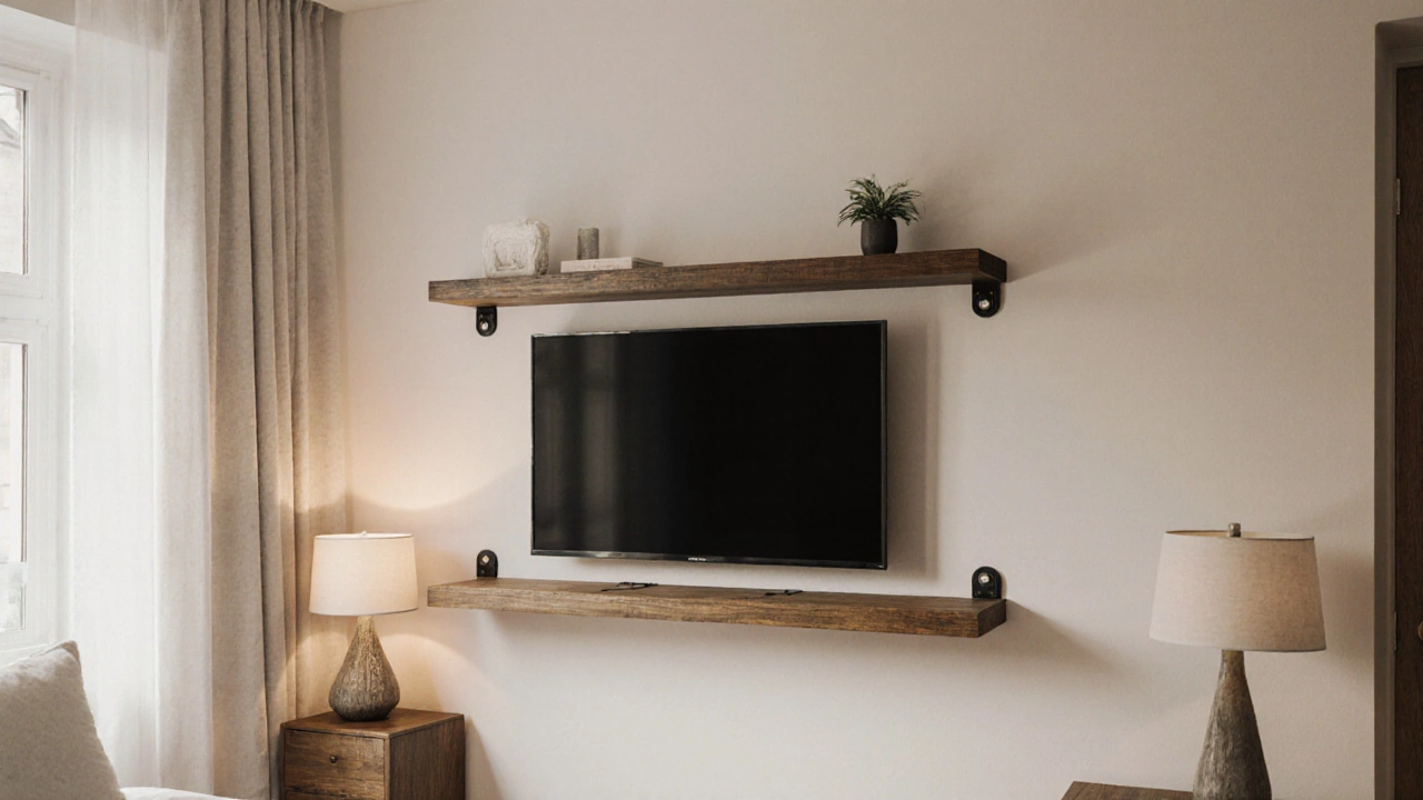 TV resting on floating wooden shelf mounted to wall studs.