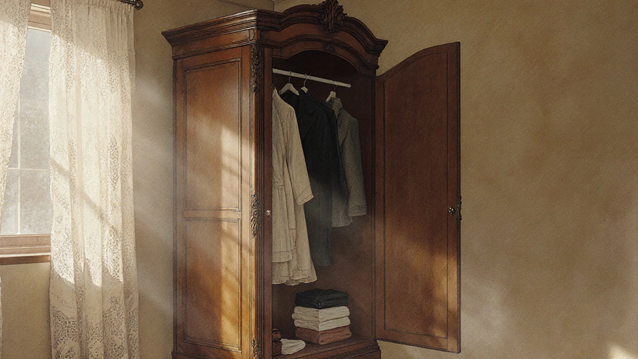 Vintage wooden wardrobe in a 1920s bedroom with sunlight streaming through lace curtains.