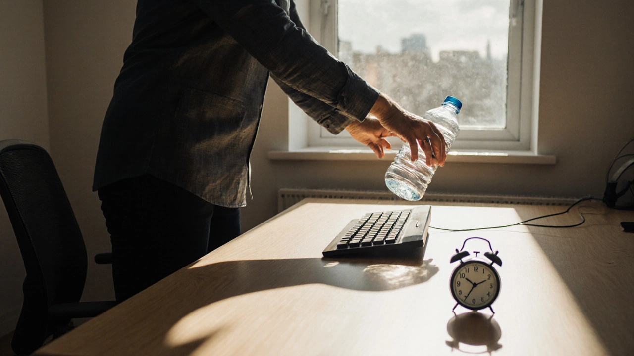 Worker standing at desk converter, reaching for water, sunlight casting movement shadows.