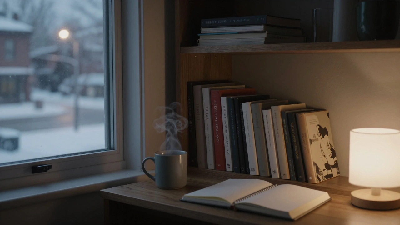 A few books spine-out among many spine-in on a shelf, with a lamp and mug nearby in a quiet home office.