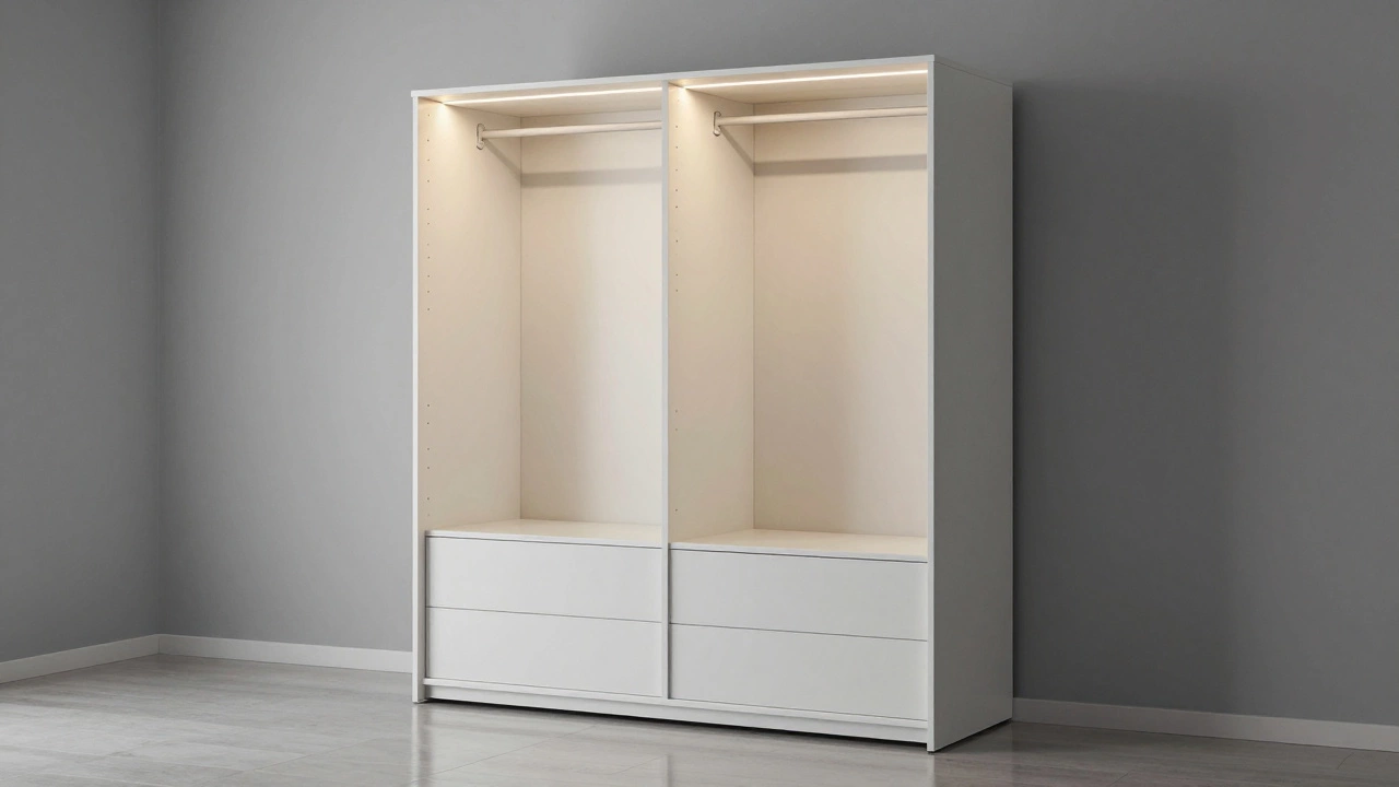 A modern modular PAX wardrobe with LED lighting and customizable compartments in a minimalist room.