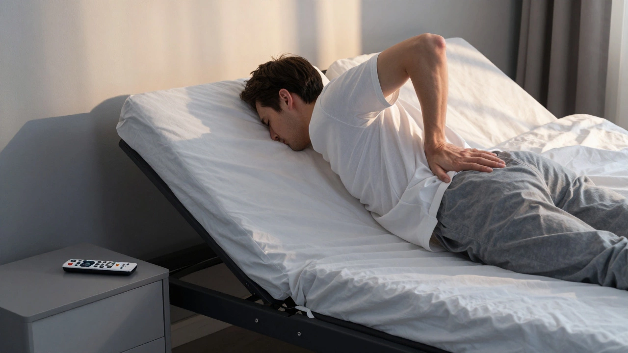 A person waking up stiff in a recliner at dawn, while a supportive adjustable bed remains unused in the background.