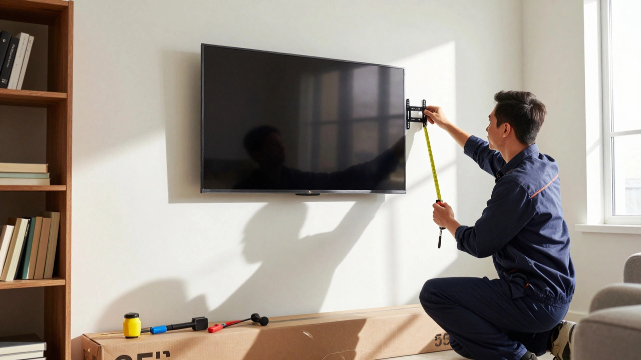 A technician mounting a 75-inch TV on a wall, measuring clearance to a nearby shelf with a tape measure.