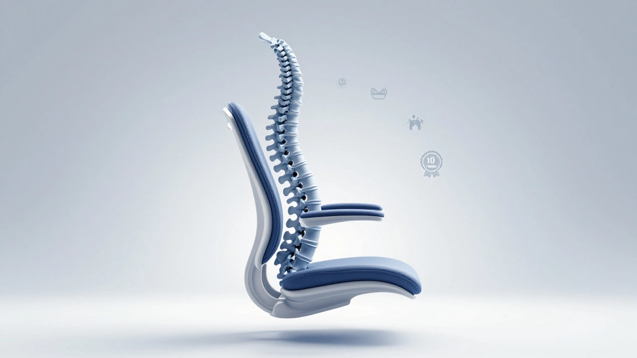 Abstract representation of a spine supported by ergonomic design elements with warranty symbol.