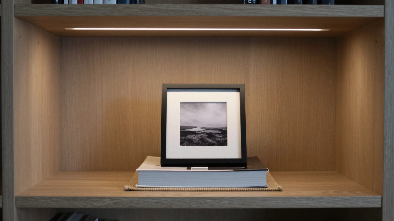 An empty bookshelf with just one framed photo and a woven mat, illuminated by a subtle LED strip for quiet elegance.