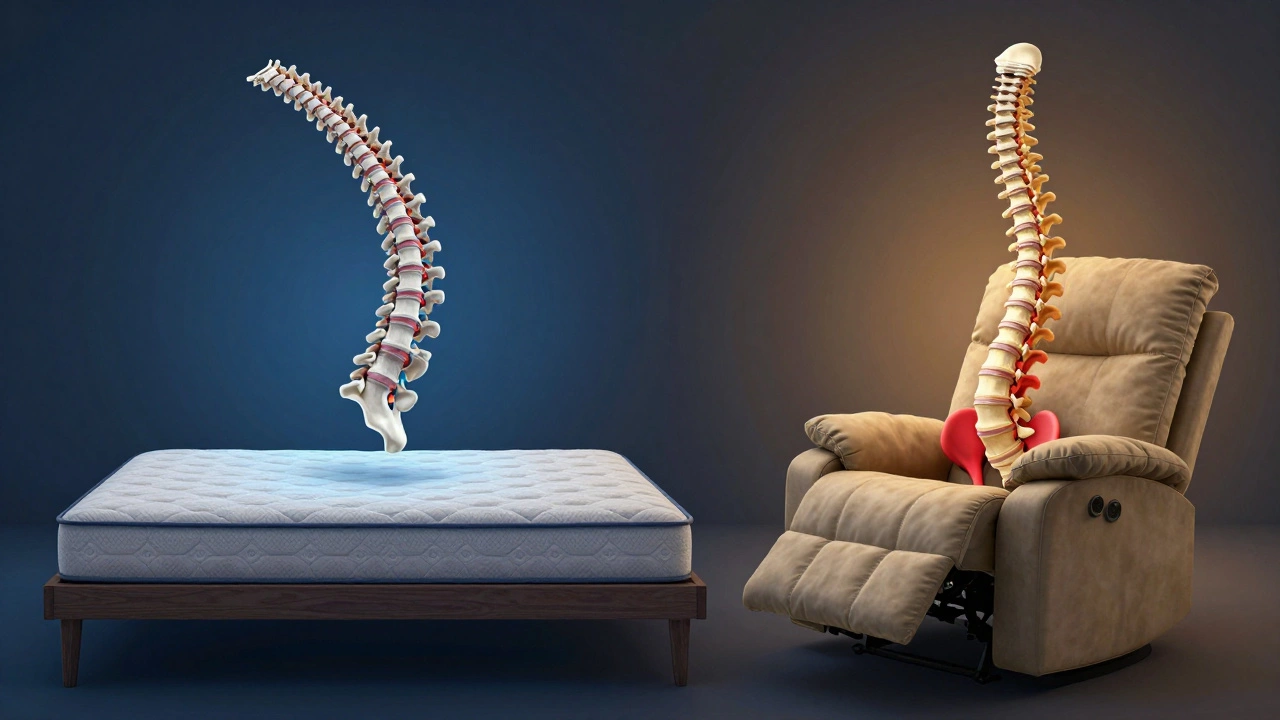 Anatomical illustration comparing a healthy spine on a mattress versus a strained spine in a recliner with pressure points highlighted.