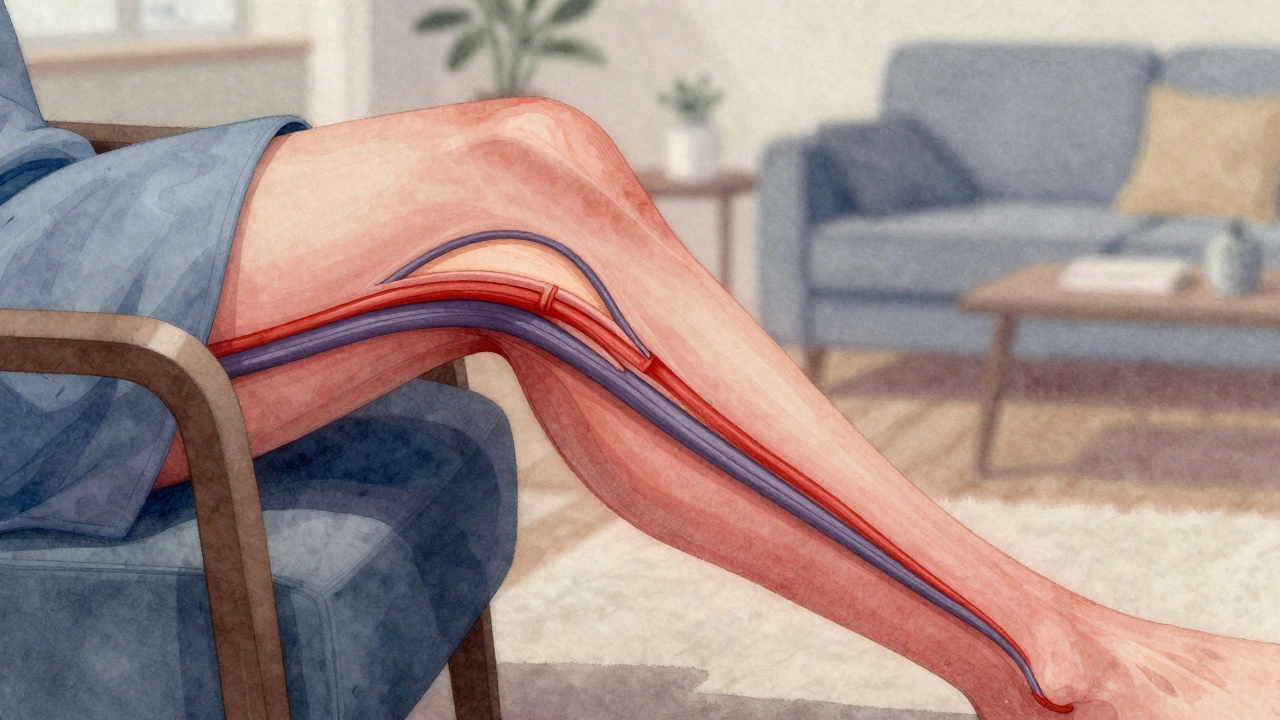 Anatomical illustration of compressed nerves and restricted blood flow behind the knee in a reclined position.