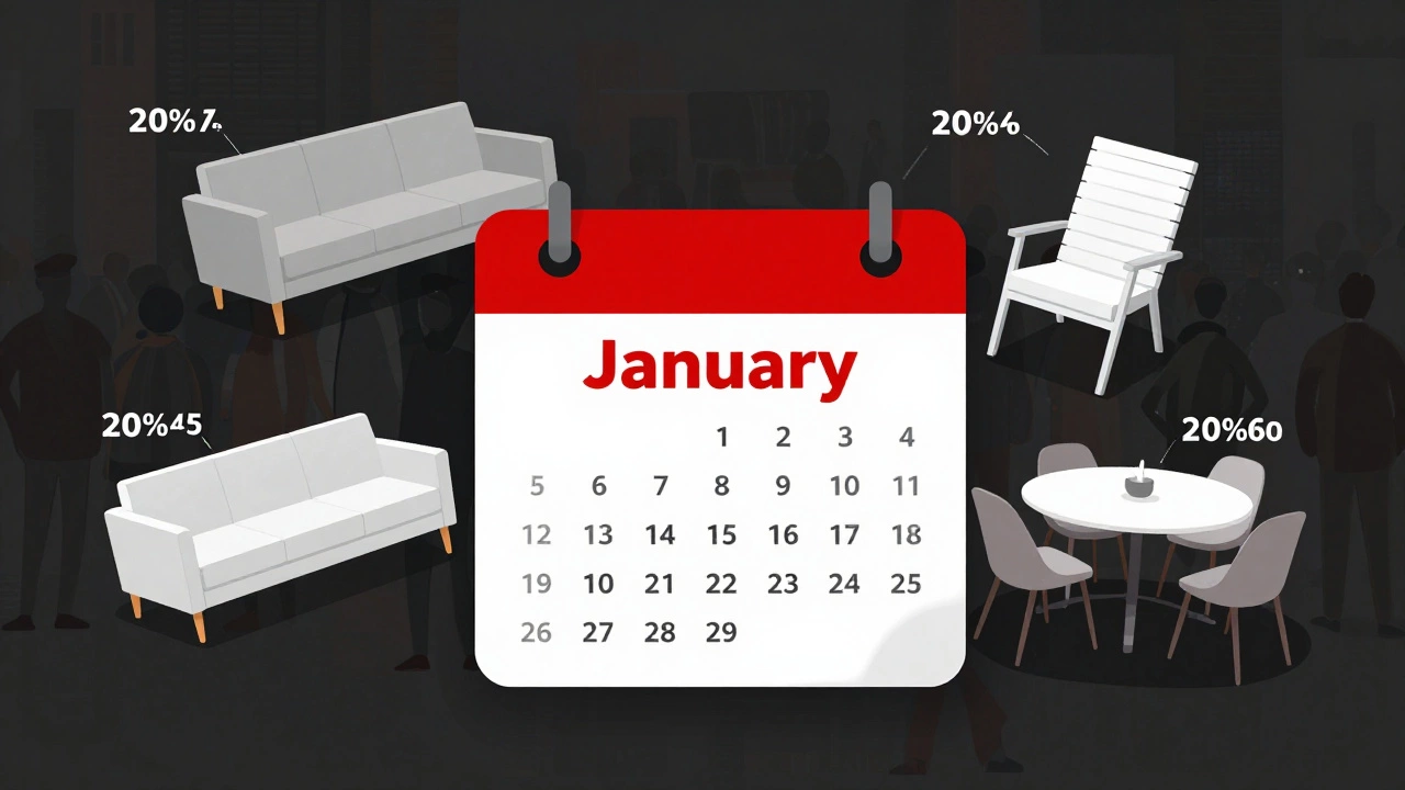 Calendar with January highlighted, floating furniture pieces marked with discount tags against a fading Black Friday backdrop.
