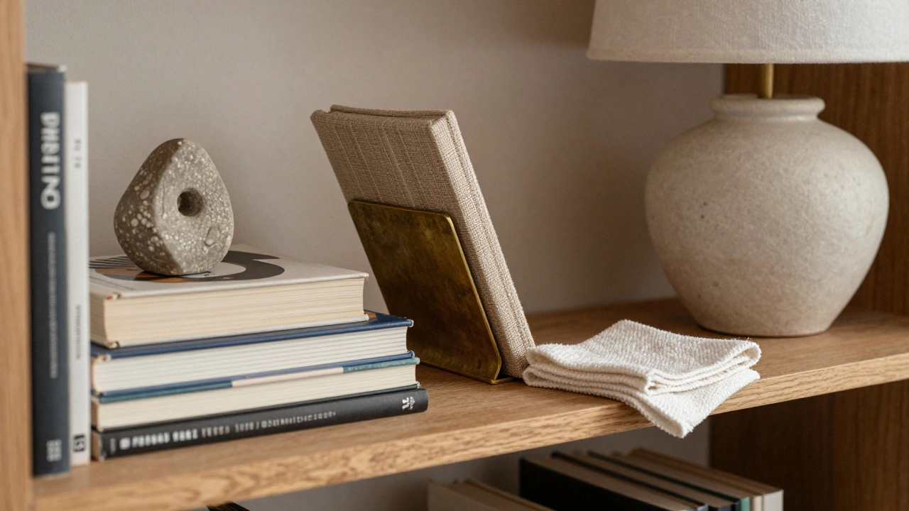 Close-up of textured bookshelf items: stone sculpture, brass bookend, and linen-covered book, warmed by ambient lamp light.