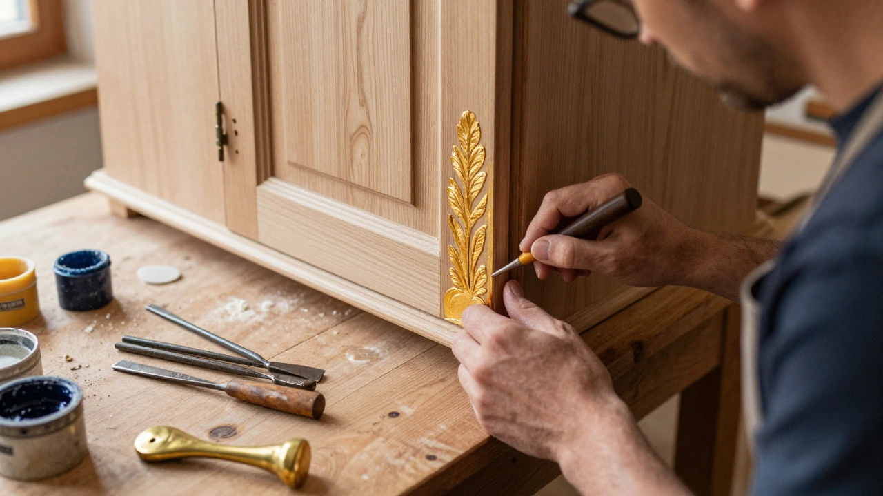 Craftsman applying gold leaf to a hand-carved armoire door in a wooden workshop.