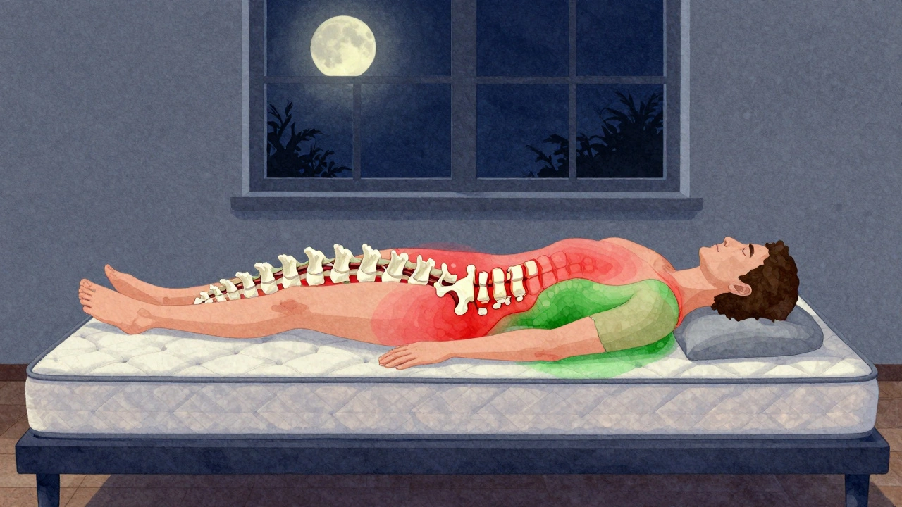 Cross-sectional view of a spine showing pressure points in a recliner versus neutral alignment on a mattress, medical illustration style.