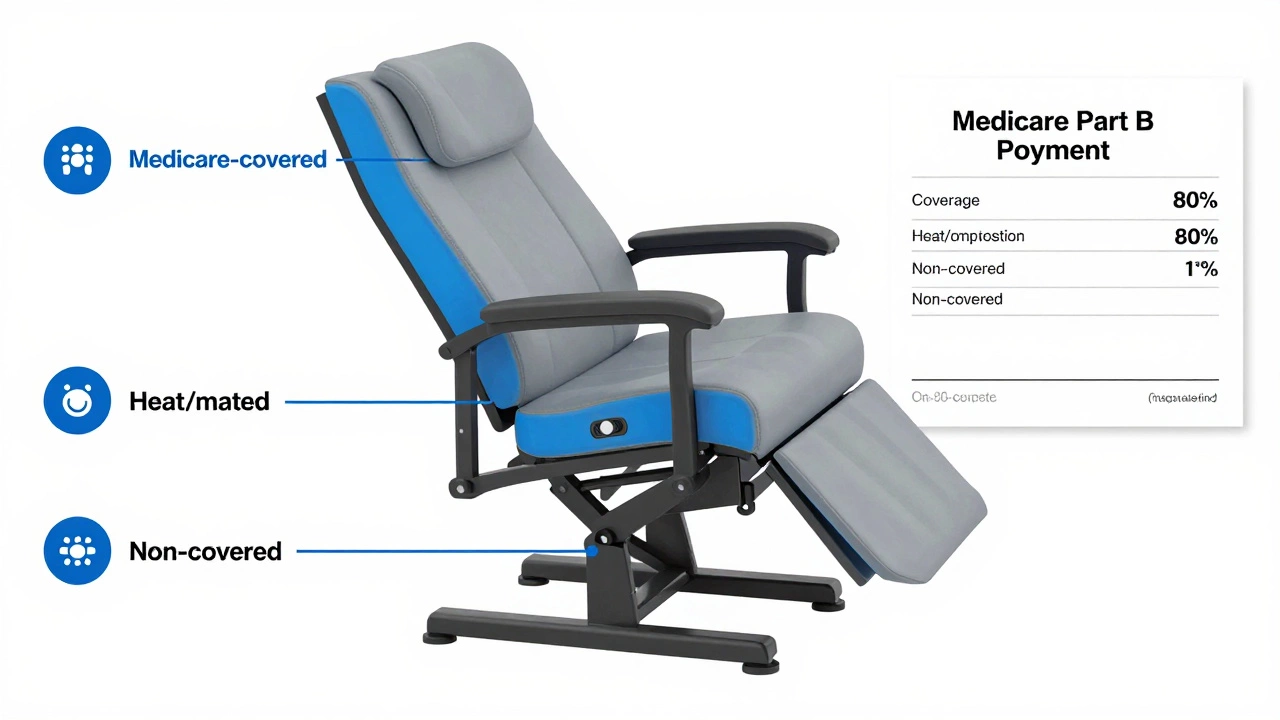 Cutaway diagram of a lift chair showing Medicare-covered lift mechanism in blue and non-covered parts in gray.