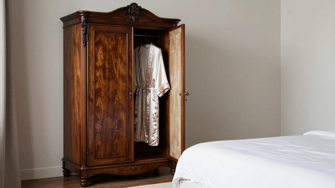 Dark mahogany armoire contrasting with a modern minimalist bedroom interior.