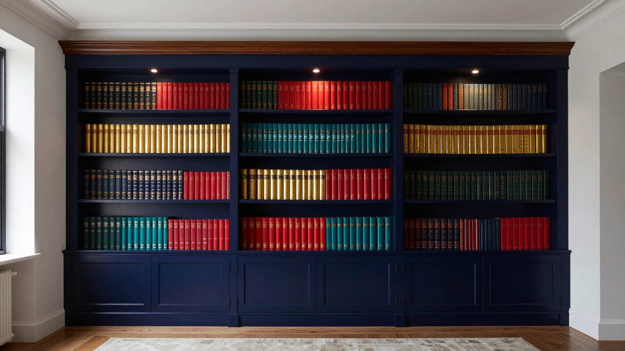Deep navy bookcases against white walls, with colorful book spines glowing like a gallery exhibit.