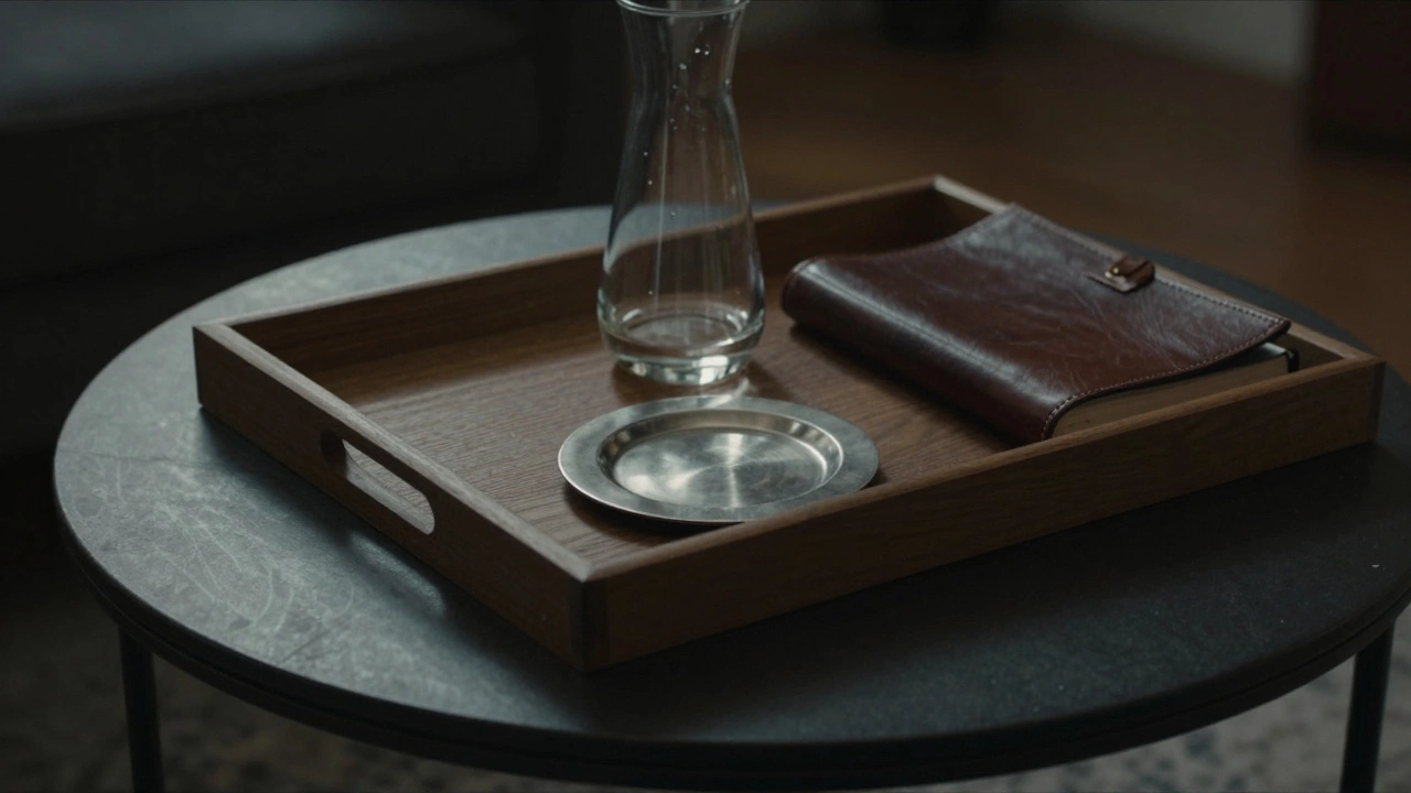 Diagonal rectangular tray on round table with vase, coaster, and journal.