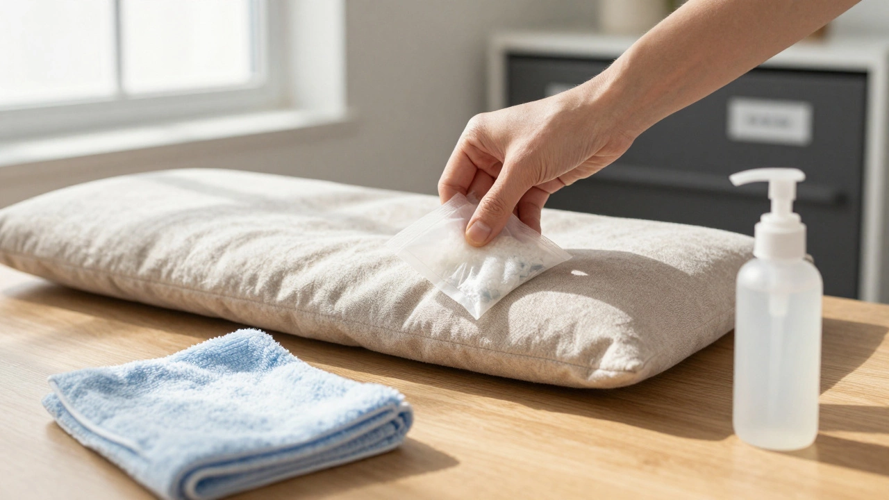 Hand placing silica gel pack between couch cushions, with cleaning supplies nearby in a well-lit storage prep area.