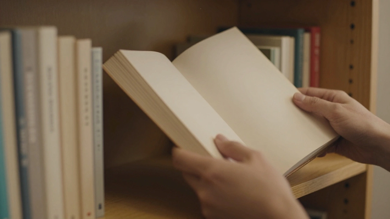 Hands turning a book around on a shelf, revealing its blank back cover with a small colored dot on the edge.
