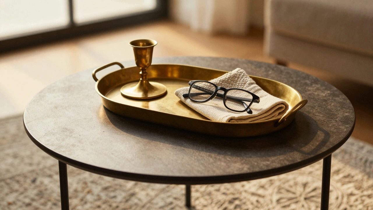 Oval tray on round table with candle, napkin, and glasses in warm light.