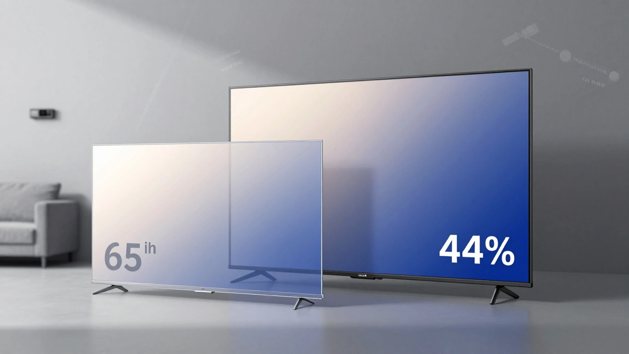 Overlapping transparent outlines of 65-inch and 75-inch TVs with a 44% area difference highlighted in gradient.