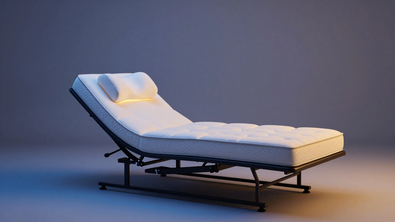 Recliner gradually turning into a supportive mattress with glowing health features.