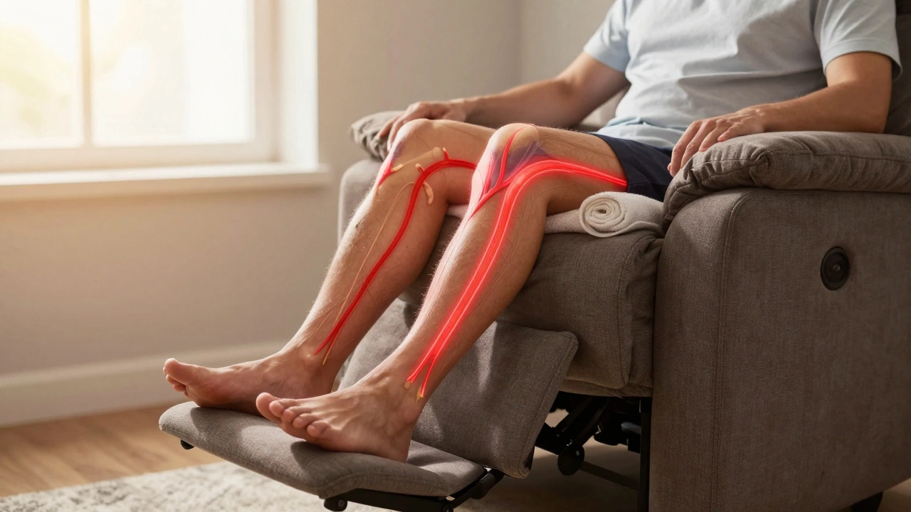 Recliner with a pillow supporting the knees and feet fully supported on a footrest, highlighting proper leg alignment.