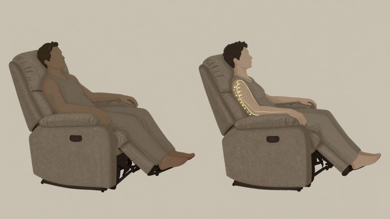 Side-by-side comparison of bad vs good recliner posture with spinal alignment highlighted.
