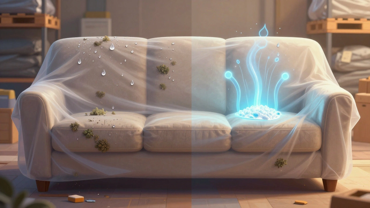 Side-by-side: moldy couch in plastic vs. protected couch in canvas, showing the difference in storage outcomes.