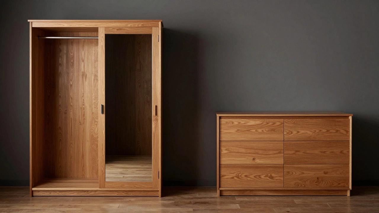 Side-by-side of a wardrobe with hanging rods and a dresser with only drawers, highlighting functional differences.