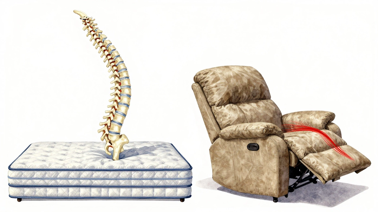 Side view comparing healthy spine curve on a mattress versus compressed curve in a recliner.