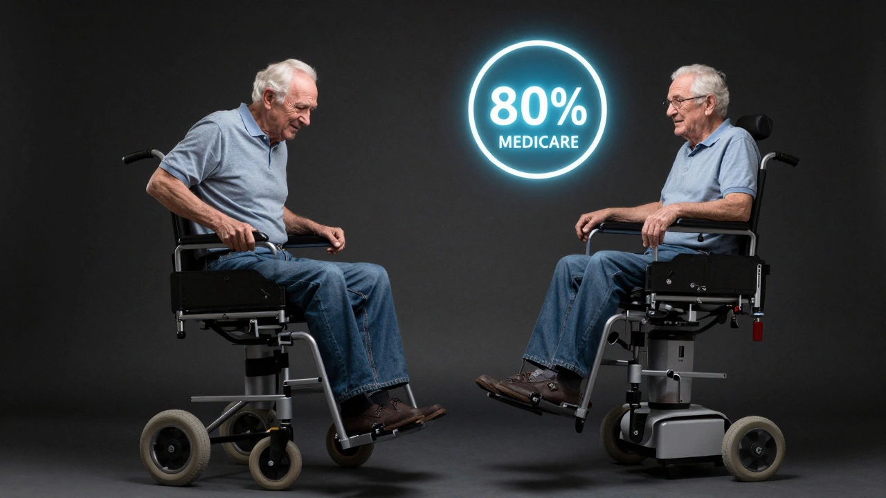 Split scene: senior struggling to stand vs. smoothly rising with Medicare coverage icon above lift mechanism.