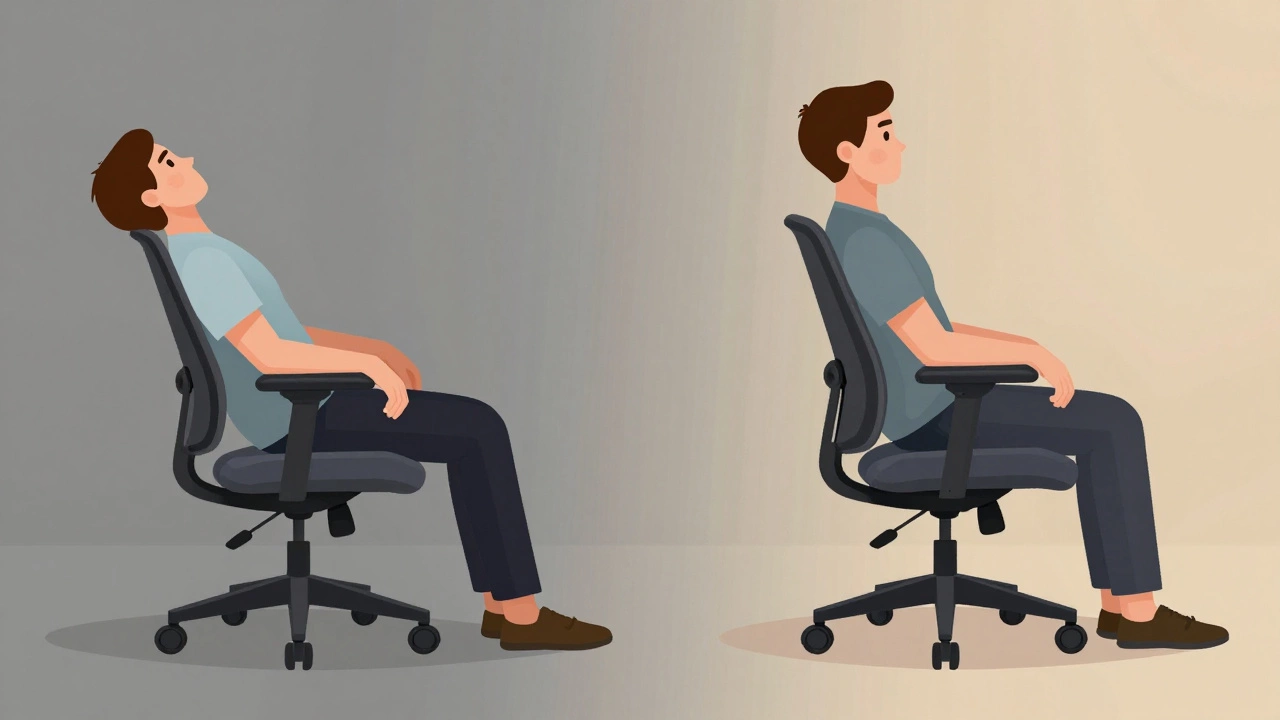 Split visual contrasting poor posture on a cheap chair versus healthy posture on an ergonomic chair.