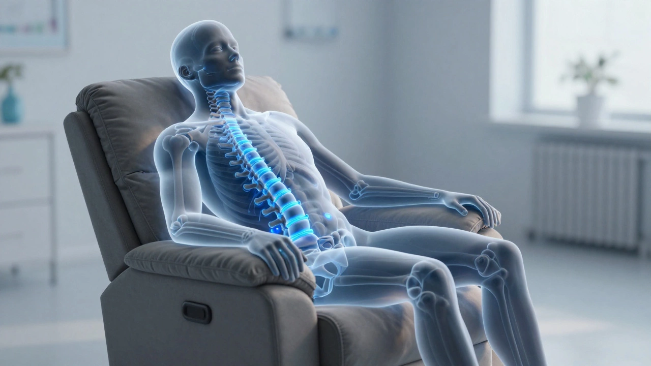 Transparent anatomical spine inside recliner showing pressure distribution in ideal sitting position.