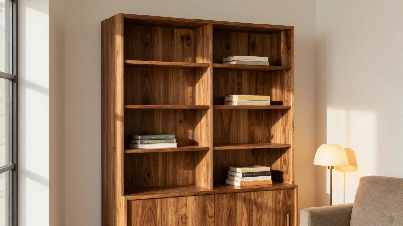 Warm walnut bookshelves against off-white walls, trimmed in white to highlight the natural wood grain.