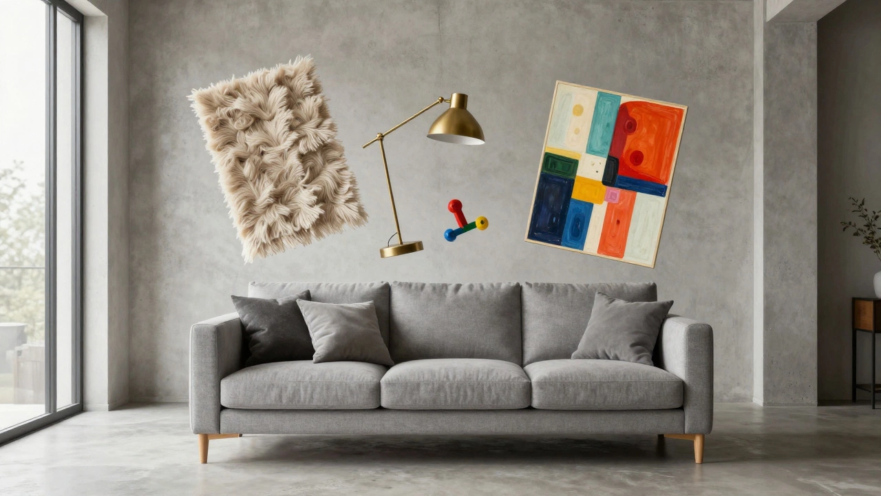 A grey couch surrounded by floating decor elements like rugs, lamps, and art, symbolizing its adaptable design.