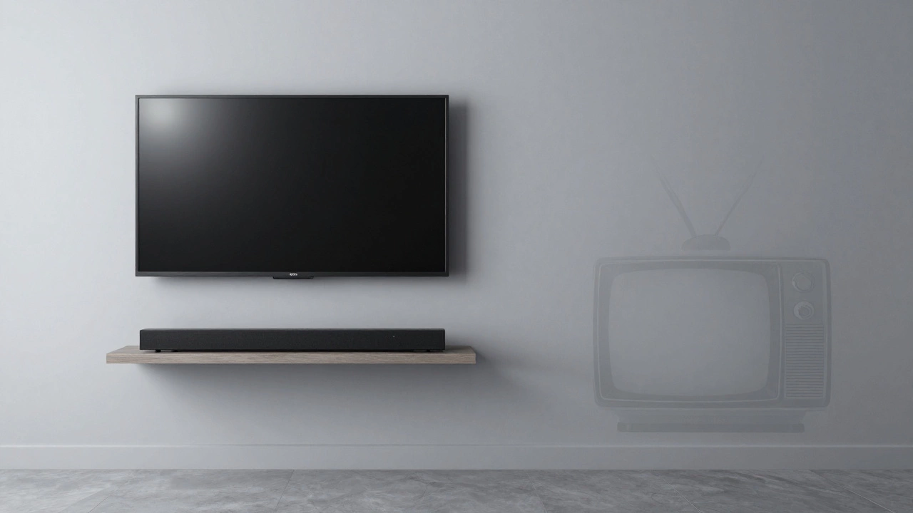 A modern wall-mounted TV with a floating shelf below, while a traditional TV stand fades into smoke in the background.