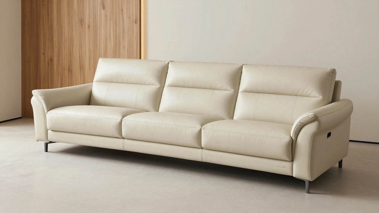 A premium Italian sofa in soft leather, displayed in a minimalist interior with elegant natural lighting.