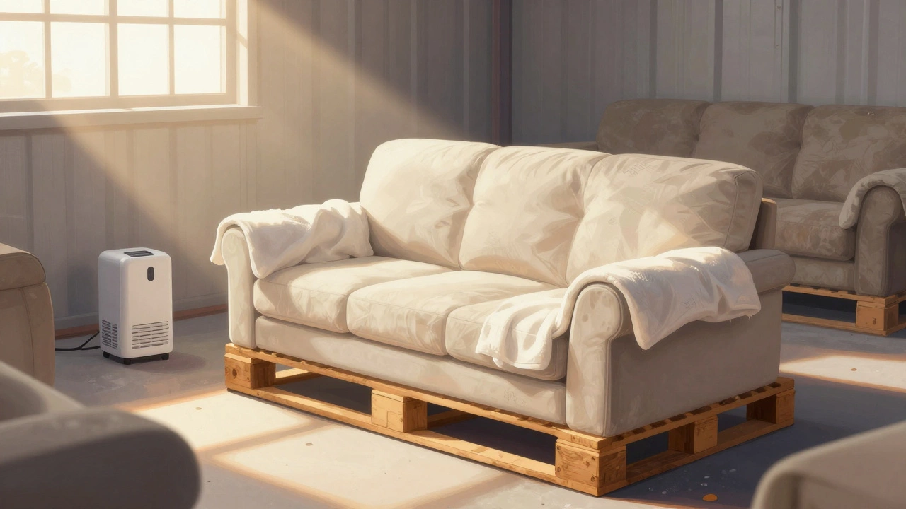 A properly stored couch on pallets in a dry climate-controlled unit with breathable cover.