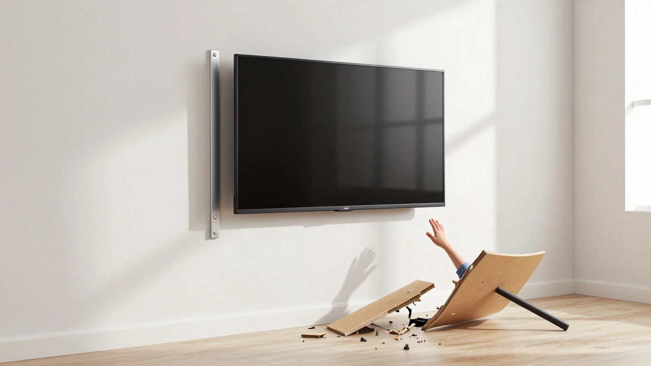 A safely mounted TV on a wall bracket beside a broken TV stand on the floor, with a child reaching for the fallen TV.