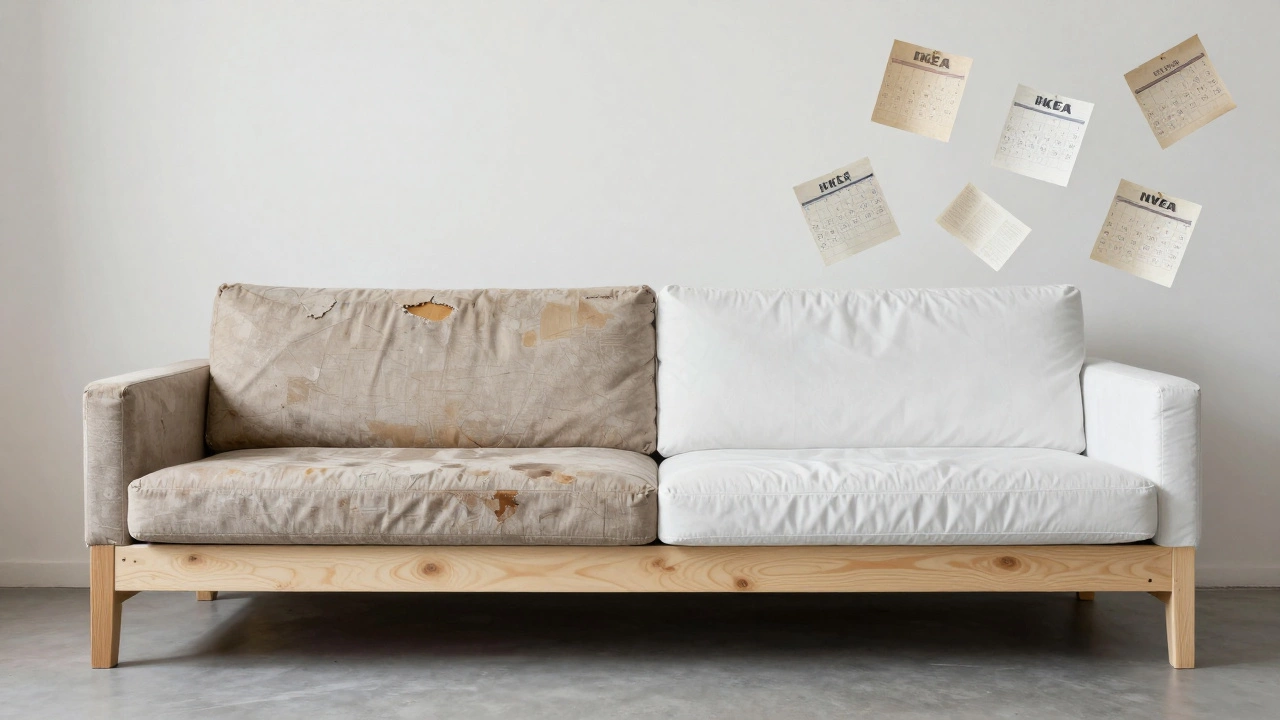 A side-by-side visual of a failing cheap sofa versus a long-lasting IKEA KIVIK, symbolizing longevity.