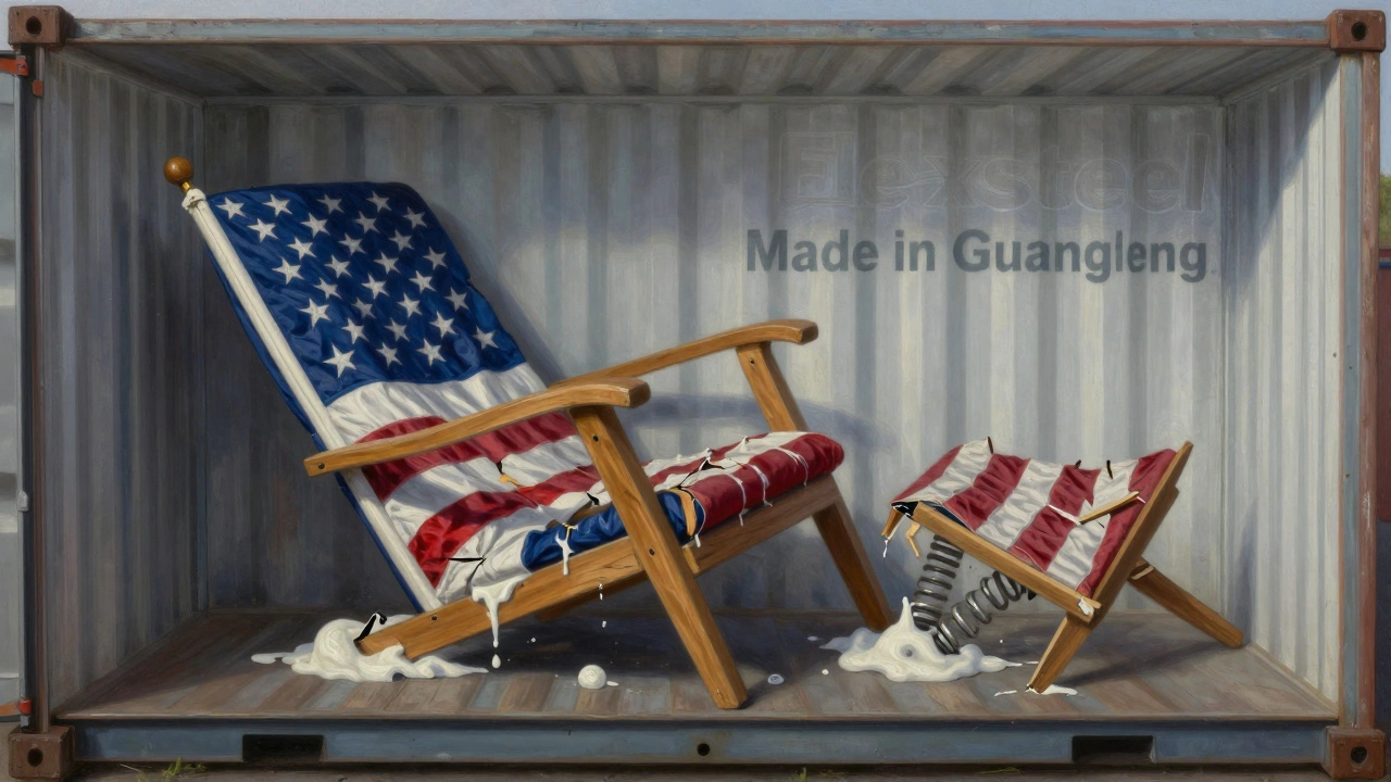 American flag made of broken recliner parts in a shipping container labeled 'Made in Guangdong'.