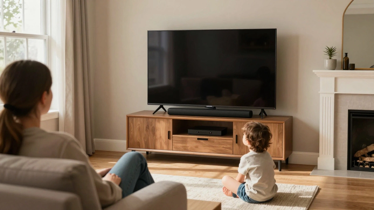 Family watching a 65-inch TV at proper height in a cozy living room, soundbar placed in front, child sitting on floor nearby.