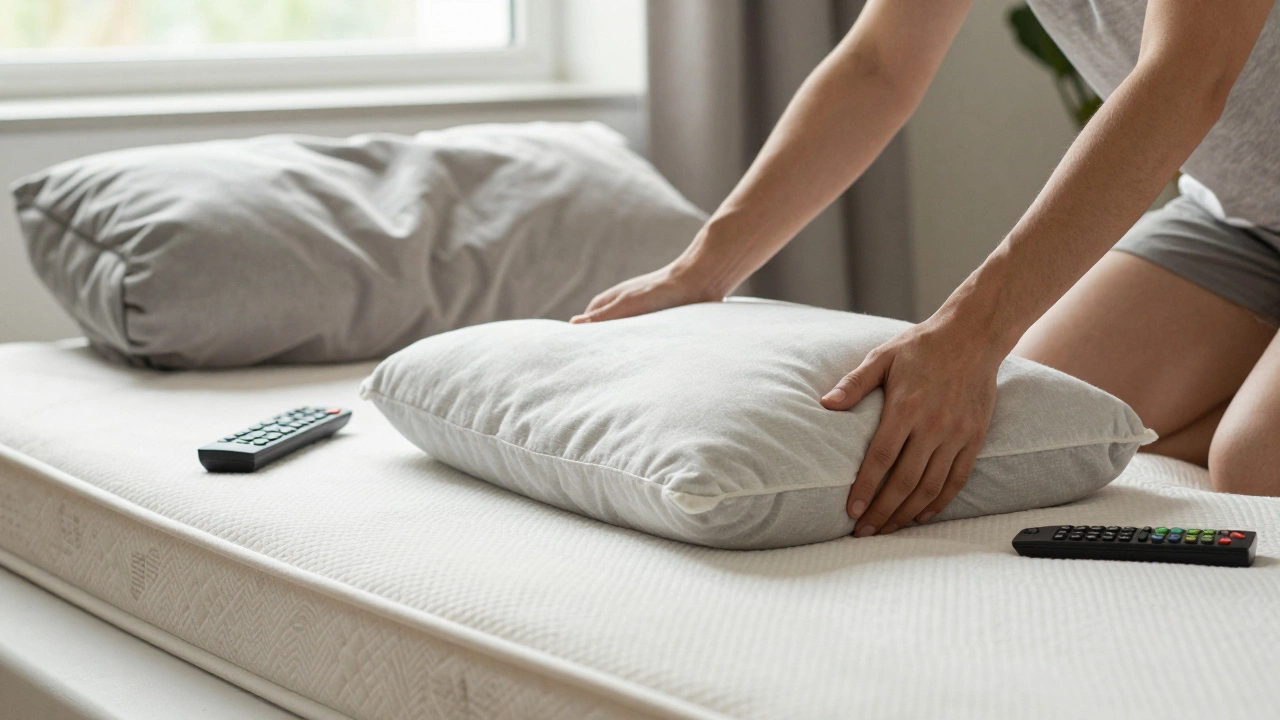 Hands placing a pillow on a floor mattress beside a crumpled couch cushion in morning light.