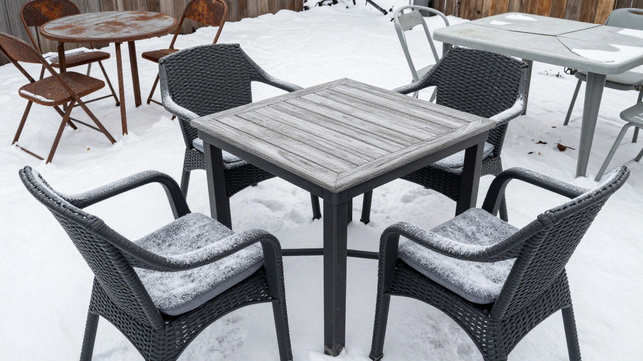 HDPE wicker and teak furniture surviving snowstorm while rusted chairs decay nearby.