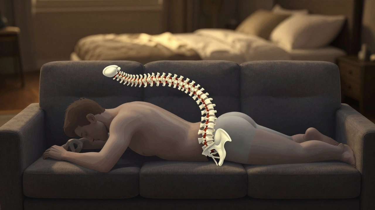 Human spine distorted over a couch, with a warm, inviting bed visible in the background.